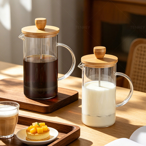 Presse à café en verre borosilicate résistant à la chaleur Tenrey 600 ml Presse à café en bambou avec système de 3 filtres - Product Image 1
