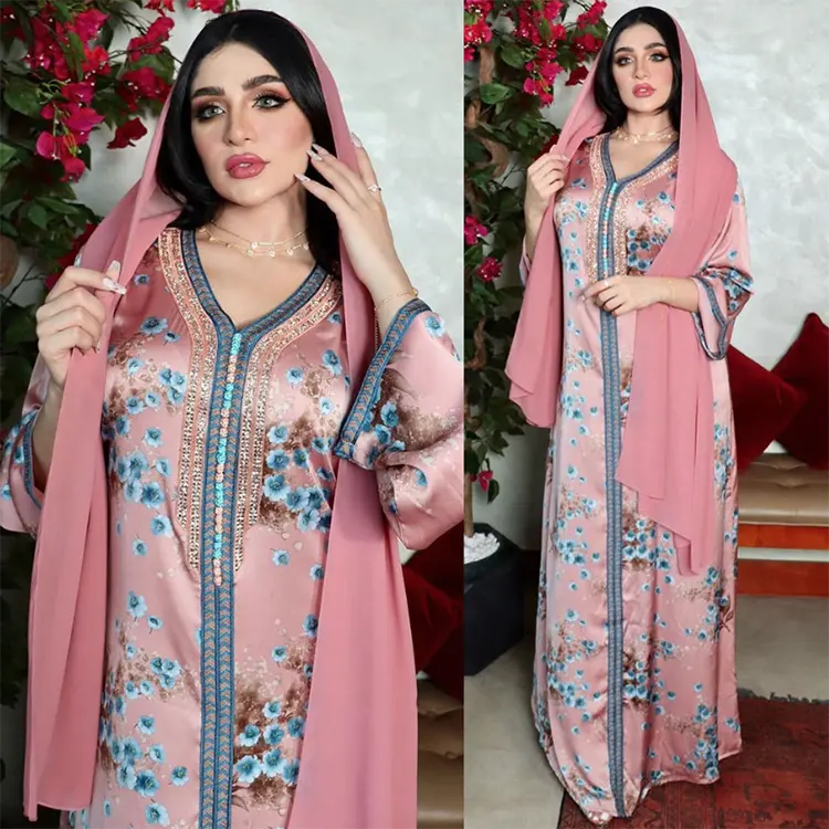 Váy Dài Trung Đông Ả Rập, Họa Tiết Kim Cương Hồi Giáo, Màu Hồng Bán Chạy