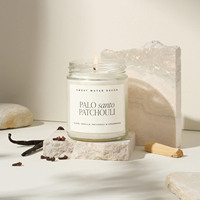Bougie en cire de soja artisanale de haute qualité avec mèche en bois personnalisée, parfum sauge et Palo Santo, dans un verre ambré, sans fumée, pour l'aromathérapie