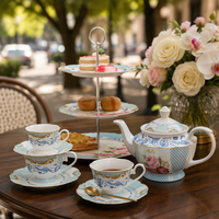 Chinoiserie en porcelaine céramique bleue New Bone China Flower Shape English Tea Cup and Saucer Set for Gift Set and Party Enents