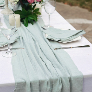 Chemin <span class=keywords><strong>de</strong></span> <span class=keywords><strong>table</strong></span> <span class=keywords><strong>de</strong></span> mariage tissé en stock en coton terre cuite bleu poussiéreux avec <span class=keywords><strong>serviettes</strong></span> assorties en vert sauge et noir - Product Image 3