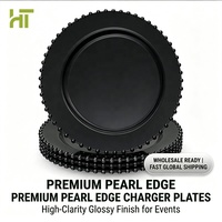 Assiettes de présentation noires en plastique robuste de 13'' avec bord perlé, jetables, en PS, pour mariages, événements, fêtes