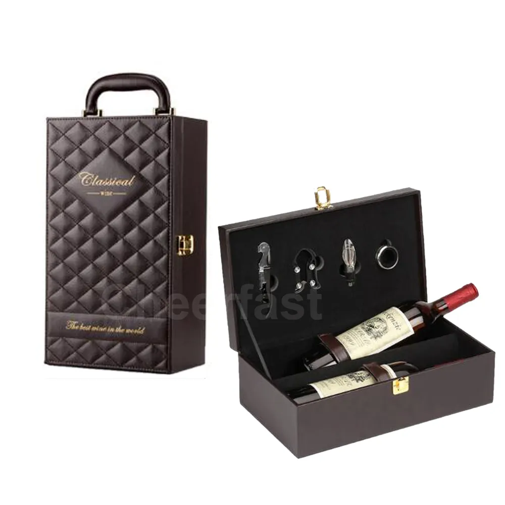 Custom Double Leatherette Wine Box 750ML Garrafa Caixa E PU Leather Wine Box Com Vintage 4 Piece Wine Tools Kit