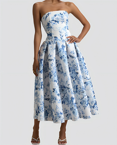 Women's Custom <strong>Strapless</strong> Blue Floral Print Maxi Dress Women Elegant High Waist A-Line Flared Casual <strong>Sundress</strong> - Product Image 1