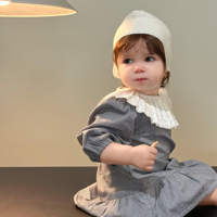 Robe vintage à carreaux pour bébé fille, avec col à volants en dentelle, tenue décontractée à manches longues, bonnet en tricot assorti pour tout-petits