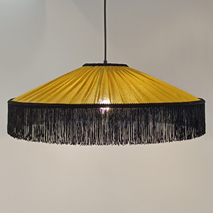 Tiffany soie sauvage Shantung in oro oliva, con frange nere, lampada a sospensione fatta a mano. - Product Image 4