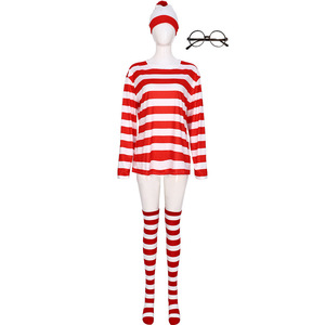 Ensemble de costumes Where's Wally pour filles, chemise rayée à manches longues, chapeau, tenue de cosplay d'Halloween en coton, assorti pour la famille - Product Image 4
