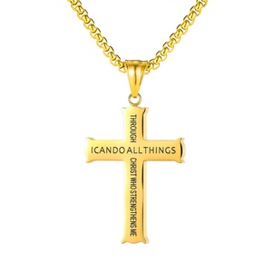 Collar Cristiano con Cruz de Acero Inoxidable, Bañado en Oro, con la Frase Filipenses 4:13, Puedo Hacer Todo - Product Image 1