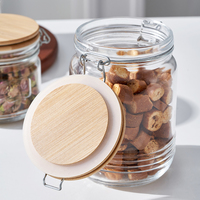 Bouteille en verre à large ouverture personnalisée de 500 ml, 750 ml, 1 L, 1,5 L avec couvercles en bois, récipient en verre pour aliments, bocaux de conservation en verre avec couvercle à clip