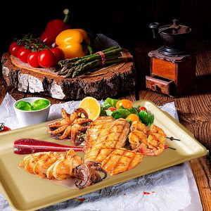 Plateaux de service rectangulaires décoratifs coréens en acier inoxydable avec poignées pour buffet et barbecue - Product Image 6