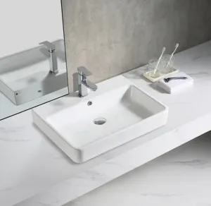 Professional supplier white rectangular labatory art basin sink hand wash semi-recessed wash basin lavabo ceramic bathroom sinks