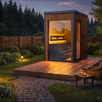 Sauna extérieur Thermowood pour 4 personnes, cabine familiale avec façade entièrement vitrée, sauna en bois massif pour la maison et le jardin