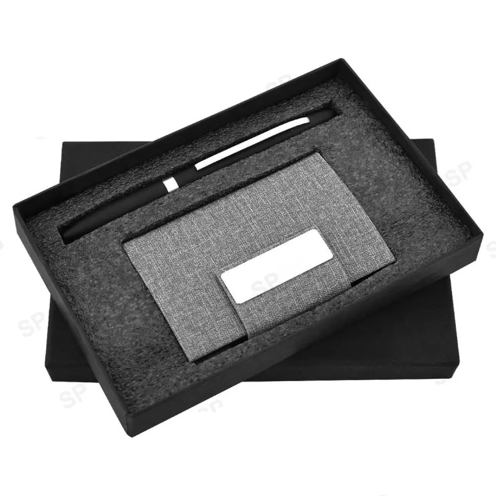 Set hadiah perusahaan Simpel dan elegan, 1 pena warna hitam dan 1 pemegang kartu Stainless Steel warna abu-abu