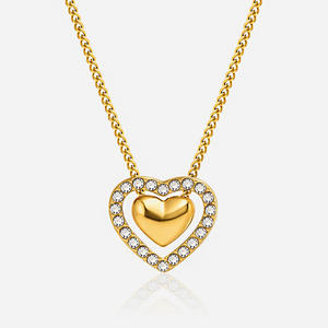 Collier pendentif à double cœur en chaîne à maillons tendance en acier inoxydable avec zircon plaqué or véritable, meilleur cadeau pour l'anniversaire des femmes - Product Image 1