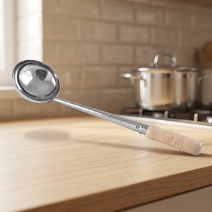 Soup Ladle Long Handle Wooden Grip <b>Mirror</b> Finish Serving Spoon Minimalist Design - Product Image 3