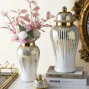 Florero de cerámica dorado y blanco de mesa de estilo europeo real, tarros de jengibre, decoración de lujo para el hogar, tarro de jengibre con tapa