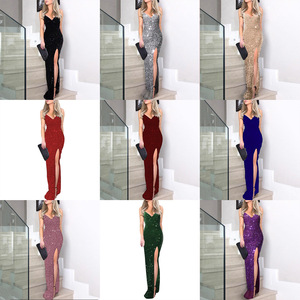 V Neck <b>Sequin</b> Slit Evening Dress Women Long Formal Gown Party Wedding Banquet Dress Gold Black Silver <b>Red</b> Blue Green Purple - Product Image 2