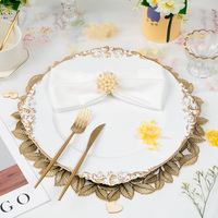 Ensemble de décoration de table de mariage, serviettes de table pour mariage, napperons ronds à feuilles d'or, set de napperons de table essuyables, anneaux de serviette perlés