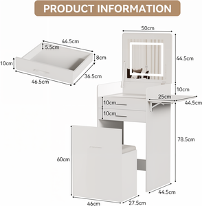 <strong>Dressing</strong> <strong>Table</strong> With Flip-Top <strong>Mirror</strong> &amp; LED Lights, Compact Makeup Desk Set With <strong>Fold</strong>-Up Panel &amp; Cushioned Storage Stool - Product Image 6