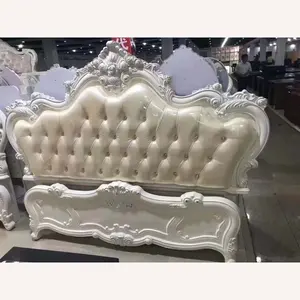 2024 Champagne Color Antique Leather Bed French Style Hand Carved Bedroom Furniture Set European Bed
