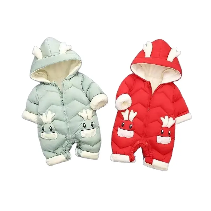 Kaliteli kış kalınlaşmış sıcak noel Onesie giyim bebek için sevimli polar tulum