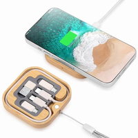 Kit de Cargador Inalámbrico Cuadrado 7 en 1 de 15W y Cable, Adaptador Multi USB, Cable de Carga Rápida, Caja de Almacenamiento de Bambú con Transferencia de Datos