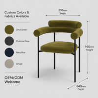 Fauteuil de salle à manger moderne en velours olive avec double coussin et dossier en U, structure en métal noir, pour hôtels, restaurants, cafés, vente en gros, usage commercial