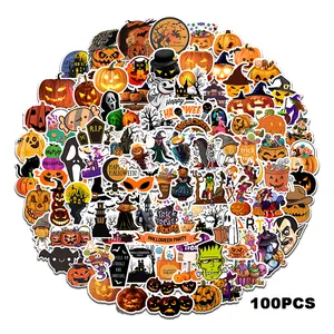 Confezione di adesivi per zucca da 100 pezzi Set di adesivi per Halloween in vinile impermeabile con temi Spoof per laptop da Skateboard