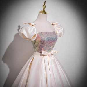 Champagne Ball Gown Square Neck Empire Waist Satin Evening Dress For Women Adult Birthday Princess Style 588 - Product Image 2