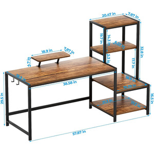 <span class=keywords><strong>Bureau</strong></span> marron réversible de 58 pouces avec étagère d'imprimante support de moniteur 2 crochets pour étude de poste de travail à domicile écriture travail de jeu - Product Image 2