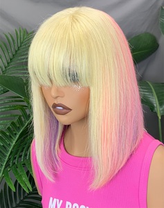 Perruque Bob complète en dentelle FH 13x3x4 avec frange, couleur 613/rose/violet, bonnet en dentelle suisse, cheveux indiens Remy, dentelle transparente - Product Image 2