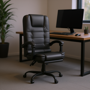 Fauteuil de bureau inclinable en similicuir noir avec fonction massage, style exécutif, design contemporain, base pivotante, pieds en plastique - Product Image 2