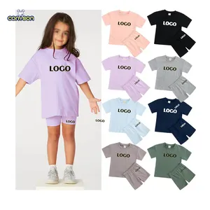 Conyson Kids Solid Color 2 Piece Biker Shorts Set Toddler Girls Custom Summer Outfits Children Boutique Clothing Sets