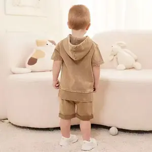 Set di Shorts e felpe con cappuccio e pantaloncini Vintage personalizzati per bambini con lavaggio acido in cotone terry francese