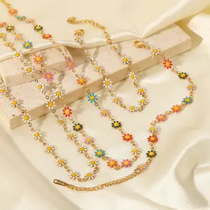 Multicolour Enamel Daisy Bracelet Necklace No Fade Stainless Steel Oil Dripping White Chrysanthemum Necklace Jewelry