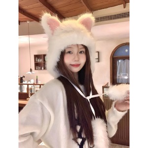 Korean Style Cat Ear Beanie <b>Hat</b> White Pink Gray Winter <b>Warm</b> Knit <b>Hat</b> For Women 56-58cm Female Headwear - Product Image 1