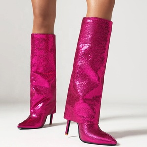 Large Size 47 Sequin Materials Thin High Heel Overlay Boots Wide Fit Stiletto <b>Shoes</b> Women's Knee High Pants Booties - Product Image 1