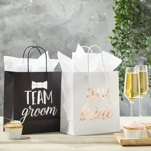 Bride and Groom Gift Bags with Tissue Paper Kraft Paper with Gold Foil print Gift Wrap Bags for Wedding