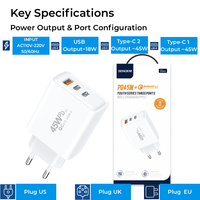 Pengisi Daya Colokan EU 45W PD QC3.0 3 Port USB-A Adaptor Dinding Tipe-C Ganda untuk Laptop, Ponsel, Tablet OG92