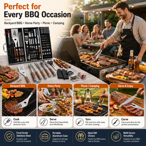 Ensemble d'outils de barbecue en acier inoxydable avec manche en bois, comprenant pinces, ciseaux, fourchette à viande, spatule, masse à viande, tapis et gants - Product Image 2