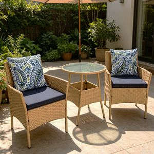 Ensemble <span class=keywords><strong>de</strong></span> 3 pièces en rotin poly avec coussins, idéal pour dîner ou se détendre dans le <span class=keywords><strong>jardin</strong></span>, table et chaises <span class=keywords><strong>de</strong></span> petite taille - Product Image 6