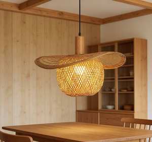 Lustre moderne en bambou pour café, restaurant, salle à manger, cuisine, luminaire décoratif de plafond, abat-jour naturel - Product Image 1