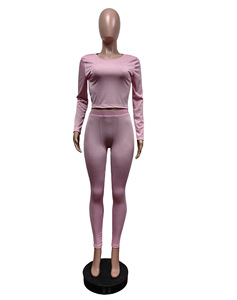Conjunto de dos piezas de algodón acanalado con logotipo personalizado, ropa de mujer, mallas bordadas, conjunto familiar a juego, ropa de descanso, conjuntos de mujer - Product Image 3