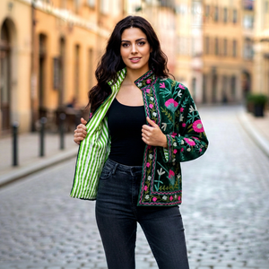 Wholesale Hand Embroidered <b>Velvet</b> Bomber Jacket <b>Women</b> Floral Suzani Stand Collar Cotton Lined <b>Coat</b> - Product Image 1
