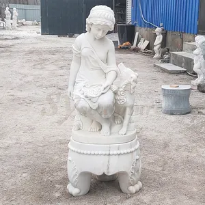 Tuin Levensgrote Steen Meisje Met Hond Sculptuur Marmer Vrouw Standbeeld Wit Marmeren Standbeeld Sculptuur