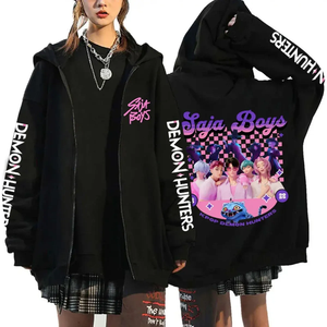 Produit phare : sweat-shirt à capuche en coton surdimensionné <span class=keywords><strong>K</strong></span>-pop automne-hiver, sweat-shirt en coton, sweat-shirt à capuche à fermeture éclair sur le thème de l'anime Demon Hunter - Product Image 5