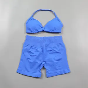 Set Yoga Seamless Ruched Wanita, Pakaian Olahraga, Shorts Gym Anti Guncangan, Sport Bra Bertali, Set 2 Potong, Baju Olahraga Halter, Setelan Fitness - Product Image 5