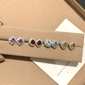 9 Vintage 6mm Square Natural Stone Stud <b>Earrings</b> 925 Sterling Silver <b>Garnet</b> Crystal Colorful Gemstone Jewelry Trendy Party - Product Image 3