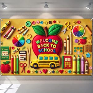 Fondo Fotográfico de Fieltro para Regreso a Clases, con Diseño de Manzana y Autobús Escolar, Decoración para Fiestas, Personalizable - Product Image 1
