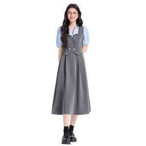 Vest Dress For Women Gray Midi Length With Belt Turn-down Collar Solid Color Comfortable Everyday Wear - Product Image 3